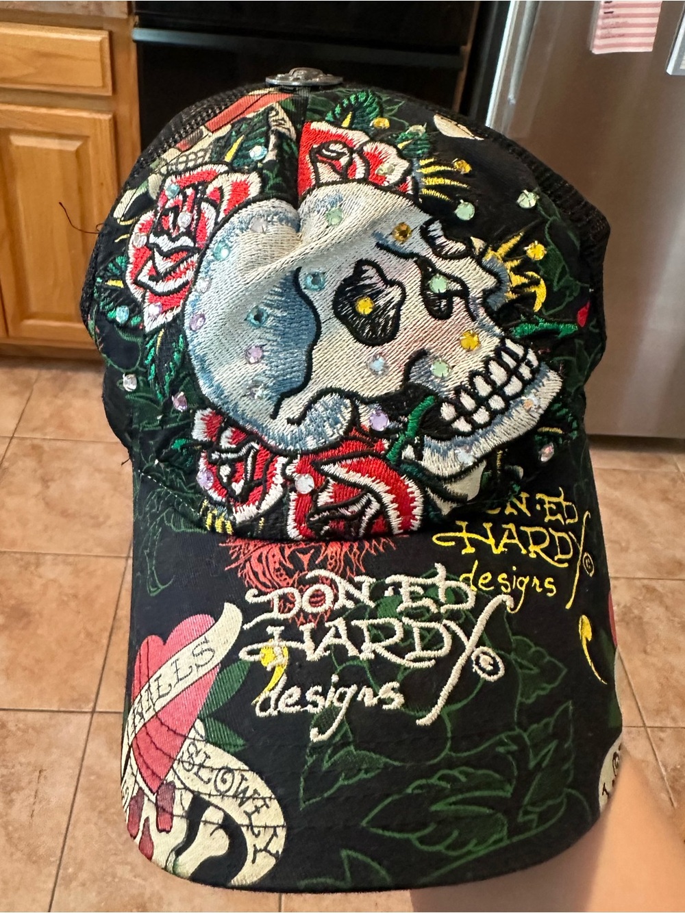 VTG Ed Hardy Black Embroidered Skull & Roses Baseball Cap by Don Ed Hardy
